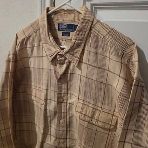 Polo Ralph Lauren Whitfield Mens XXL Tan Brown Plaid Cotton Linen Button Shirt